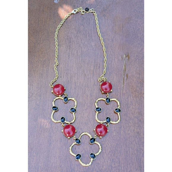 VTG Art Deco Coloured Black Red Beads Gold Tone Clover Statement Necklace Rare - Picture 7 of 12